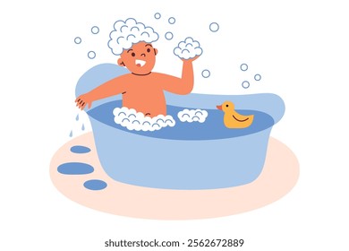 Vector illustration of happy child taking bath with foam, bubbles, and yellow rubber duck. Cartoon style, flat design, perfect for kids hygiene, or bathroom themed projects, isolated colored clipart