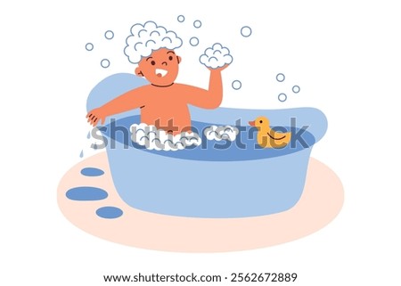 Vector illustration of happy child taking bath with foam, bubbles, and yellow rubber duck. Cartoon style, flat design, perfect for kids hygiene, or bathroom themed projects, isolated colored clipart
