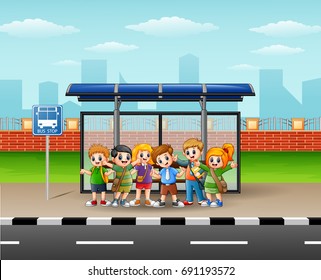 Vector illustration of Happy children in a bus stop