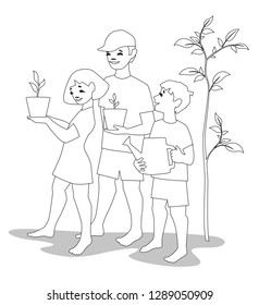 Vector illustration of happy children holding green growing plant.