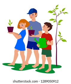 Vector illustration of happy children holding green growing plant.