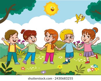 Vector illustration of happy children holding hands in a field