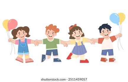 Vector illustration of happy children holding hands. Children's day illustration