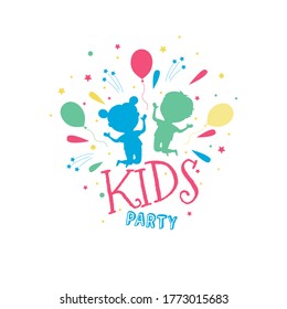 Vector illustration of happy children jumping.Colorful logo of a children's party.