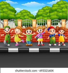 Vector illustration of Happy children on the sidewalk