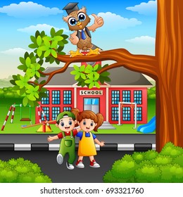 Vector illustration of Happy children with owl on street tree branch