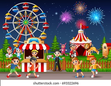 Vector illustration of Happy children and people worker at amusement park