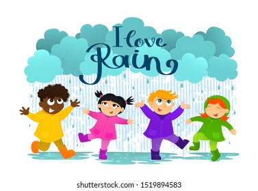 Vector illustration of happy children play in the rain. International friendship. 