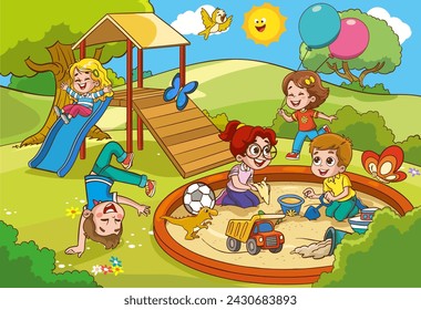 vector illustration of happy children in the playground