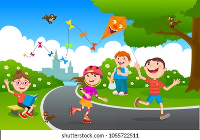 Vector illustration of happy children playing in playground. Children play in the park. Set kids of summer Park. Vector illustration.