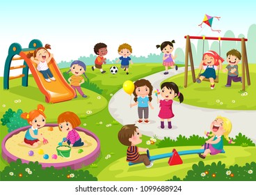 Vector illustration of happy children playing in playground