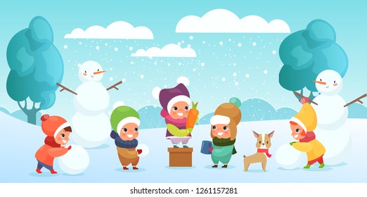 Vector illustration of happy children playing in snow, making snowman and playing with dog. Kids building snowman together during snowfall, making a snowballs. winter holidays concept in cartoon flat