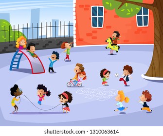 Vector illustration of happy children playing in playground on spring day. Cartoon