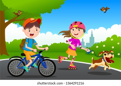 Vector illustration of happy children playing in playground. Children play in the park. A boy on a bicycle, a girl on rollers with a dog. Happy kids on a walk with a pet dog. Children and sport.