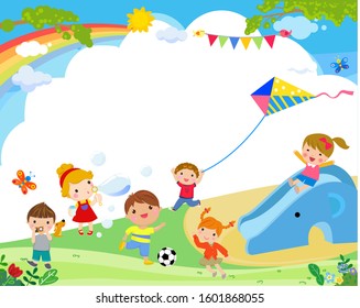 Vector illustration of happy children playing in playground