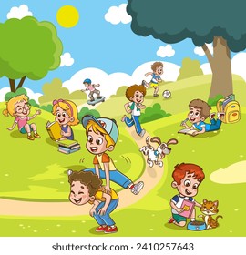 Vector illustration of happy children playing in the park.