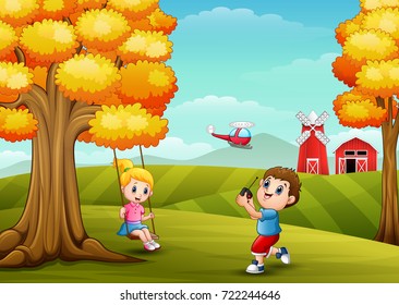 Vector illustration of Happy children playing in farm background