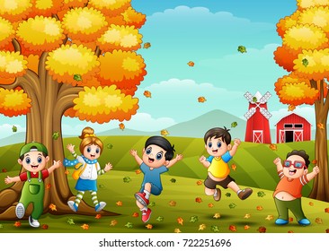 Vector illustration of Happy children playing in farm landscape at autumn