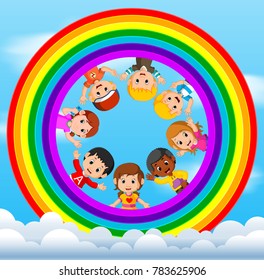 Vector illustration of Happy children playing on the skies