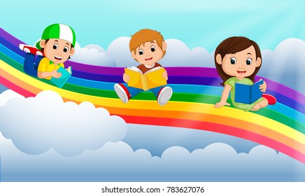 Vector illustration of Happy children reading book over the rainbow