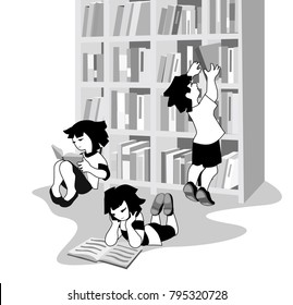 Vector illustration of happy children reading books in bookshop or library.
