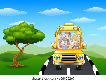 Vector illustration of Happy children riding on school bus