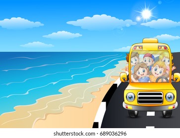 Vector illustration of Happy children riding a car in the seaside road