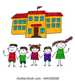 Vector illustration of happy children at school yard. Kids drawing