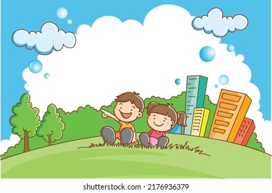 Vector illustration of happy children sitting on green pasture in a neighbourhood. Background template for brochure, poster, flyer, website, invitation, advertising design.