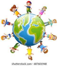 Vector illustration of Happy children standing around the earth