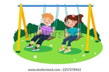 Vector illustration of happy children swinging on a swing. A cartoon scene of a smiling boy and girl swinging on a swing isolated on a white background.