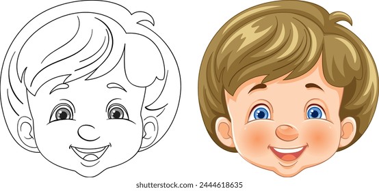 Ilustración vectorial del rostro de un niño feliz, coloreado y delineado.