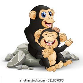 Vector illustration of Happy chimpanzee mother hug her baby chimp