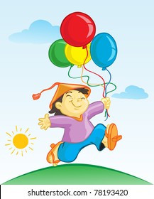 Vector illustration, happy chinese boy running with balloons, card concept.