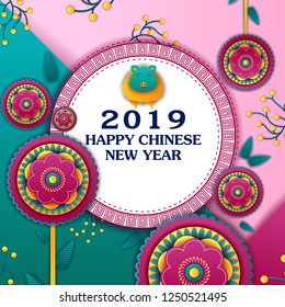 vector illustration of Happy Chinese New Year2019, Year of Pig greeting background