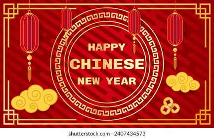 Vector illustration for a Happy Chinese New Year background with cloud, Chinese coin and Chinese lantern elements, copy space with a design concept.