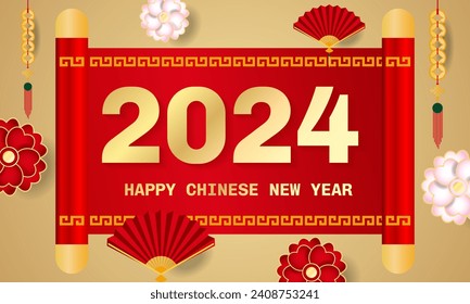 Vector illustration for a Happy Chinese New Year background with flower and Chinese fan elements, copy space with a design concept.
