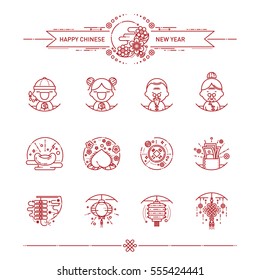 Vector Illustration of Happy Chinese New Year Icons Set. Modern Linear Style.