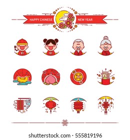 Vector Illustration of Happy Chinese New Year Icons Set. Modern Linear Style.
