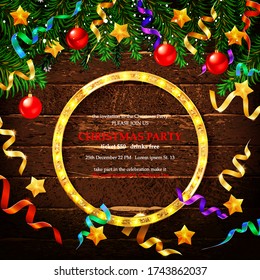 Vector illustration for happy Christmas and happy New year . Invitation to a Christmas party. Happy New year greeting card with bright luminous garlands on a wooden background and text in a frame.