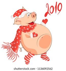 Vector illustration of Happy Christmas!  Pigs-a symbol of the Chinese new 2019. For posters, banners, sales and other winter events. Style of comics, cartoons. Christmas card.