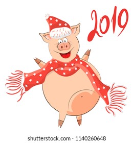 Vector illustration of Happy Christmas!  Pigs-a symbol of the Chinese new 2019. For posters, banners, sales and other winter events. Style of comics, cartoons. Christmas card