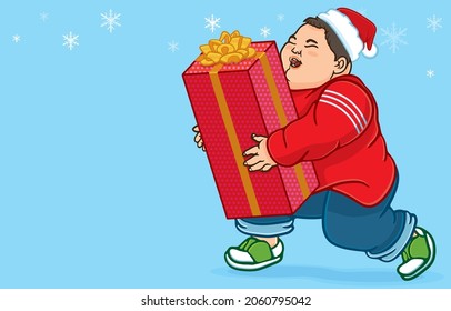 Vector illustration of happy chubby asian boy wearing santa hat, hugging large gift box, snowflakes for Christmas decorations, happy holiday,on blue blackground,Merry Christmas,Happy New Year concept.