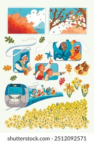 Ilustración vectorial de Happy Chuseok- El Festiva más grande de Corea: Personas viajando a sus ciudades natales en tren. Diseño de Plantilla para pegatinas e iconos.