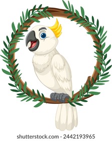 Vector illustration of a happy cockatoo in foliage