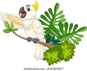 Vector illustration of a happy cockatoo with plants.