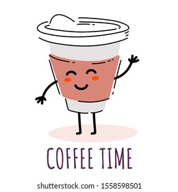 Vector illustration of happy coffee in take away cup character on white background. Line art style coffee design for web, site, poster, banner, print, sticker