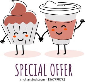 Vector illustration of happy coffee in take away cup character together with chocolate muffin on white background. Line art style design for web, site, poster, banner, print, sticker