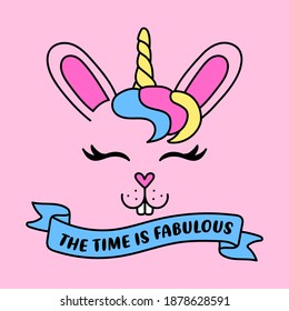 VECTOR ILLUSTRATION OF A HAPPY AND COLORFUL EASTER BUNNY WITH A HORN, SLOGAN PRINT