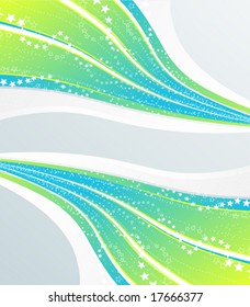 Vector illustration of a happy conceptual abstract with flowing stripes and stars. Blue and green with central copy space stripe.